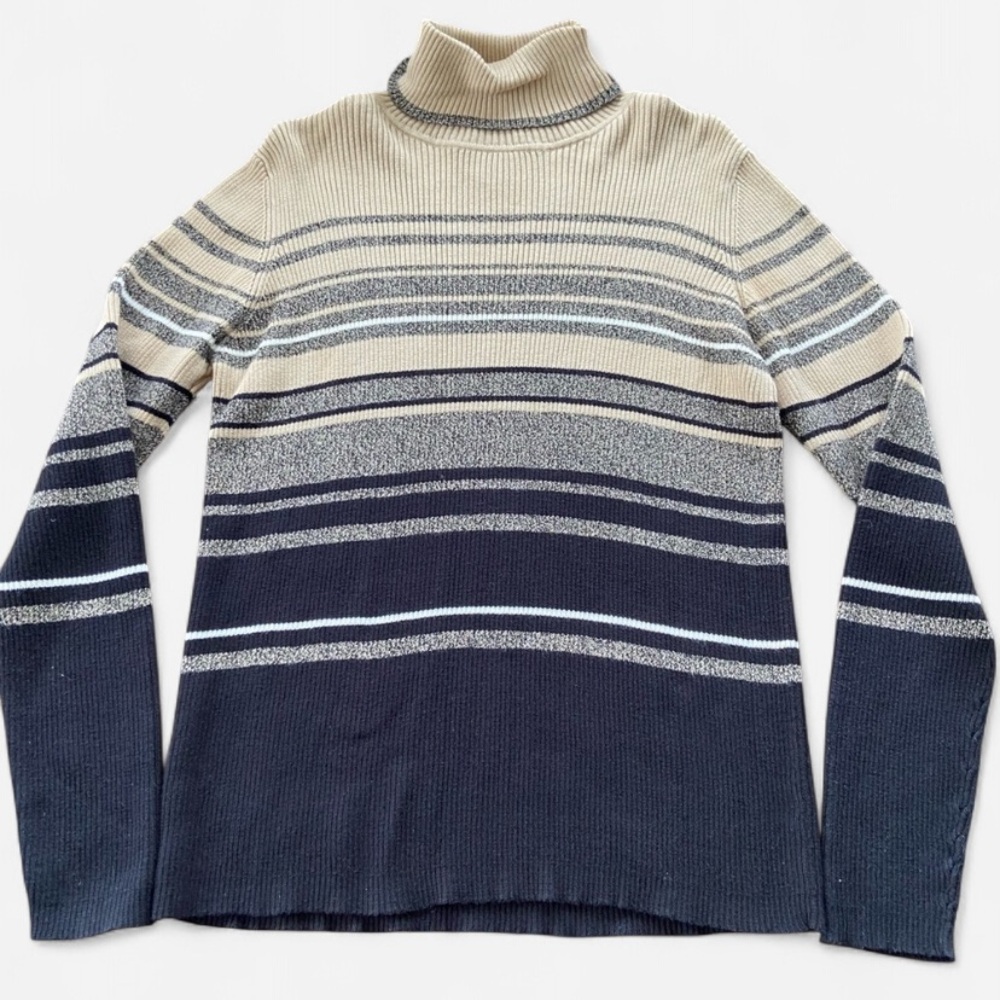Karen Scott Cotton Striped Knit Turtleneck Basic Pullover Sweater Womens Size M